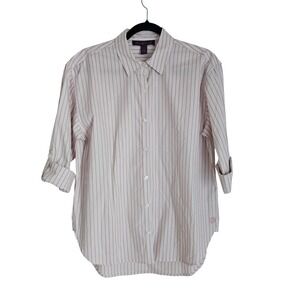 Gloria Vanderbilt Womens Striped Button Down Shirt Pink White Roll Tab Sleeve S